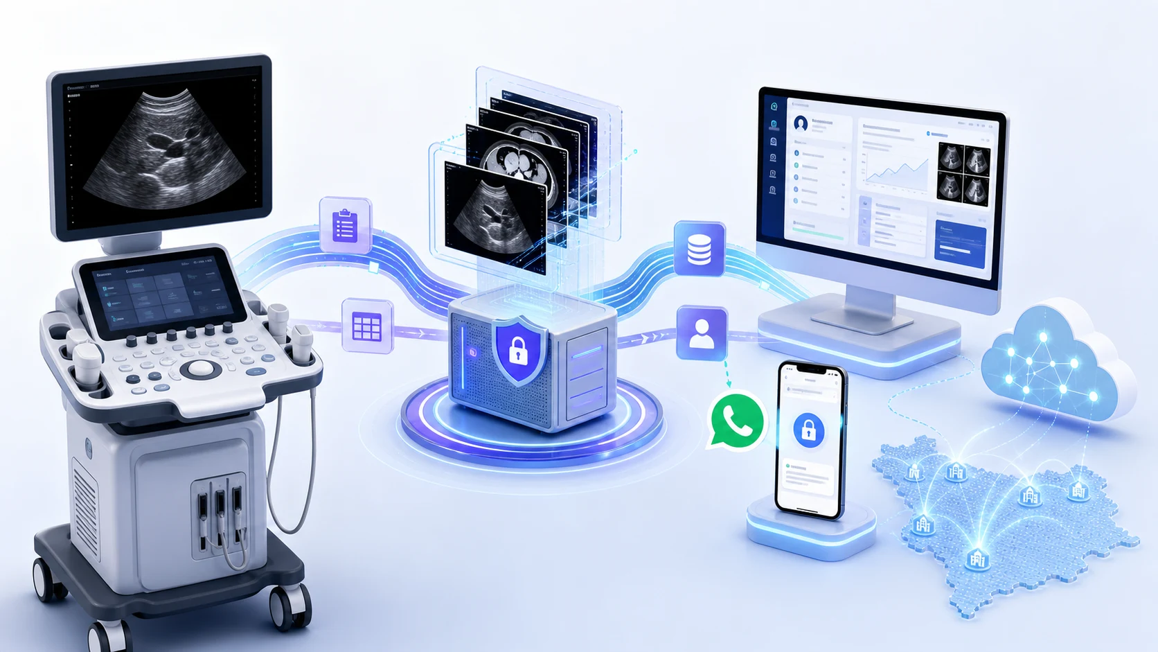 Ilustrasi device USG terhubung ke DICOM MWL, Orthanc PACS, RME AIBIZ Medical, WhatsApp, dan SATUSEHAT